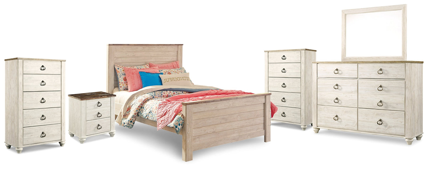 Willowton Full Panel Bed, Dresser, Mirror, 2 Chests and nightstand