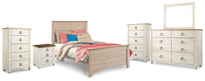 Willowton Full Panel Bed, Dresser, Mirror, 2 Chests and nightstand