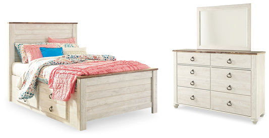 Willowton Full Panel Bed with Storage, Dresser and Mirror