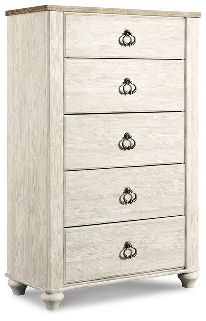 Willowton Twin Bed with Storage, Dresser, Mirror, Chest and Nightstand