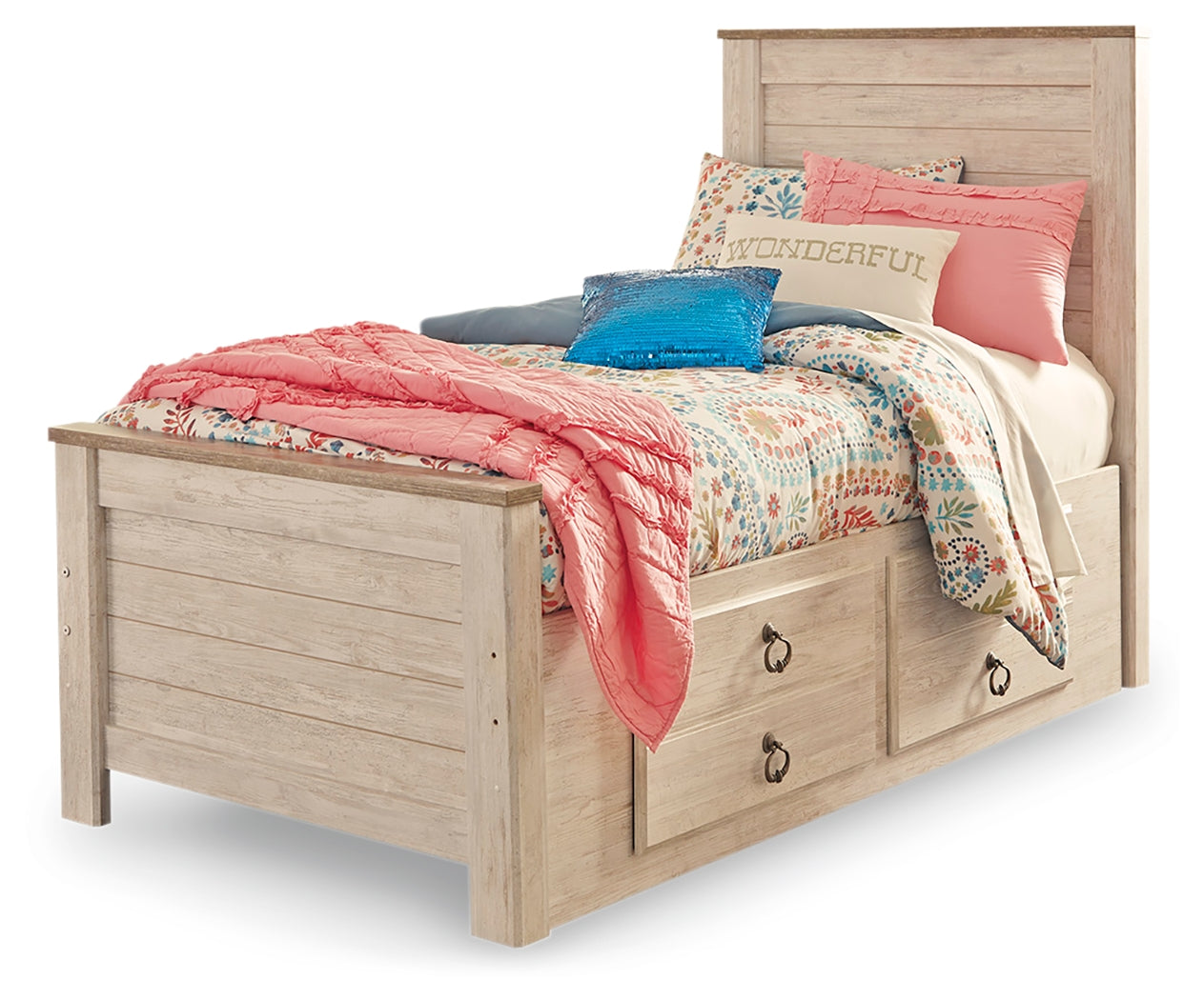 Willowton Twin Bed with Storage, Dresser, Mirror, Chest and Nightstand