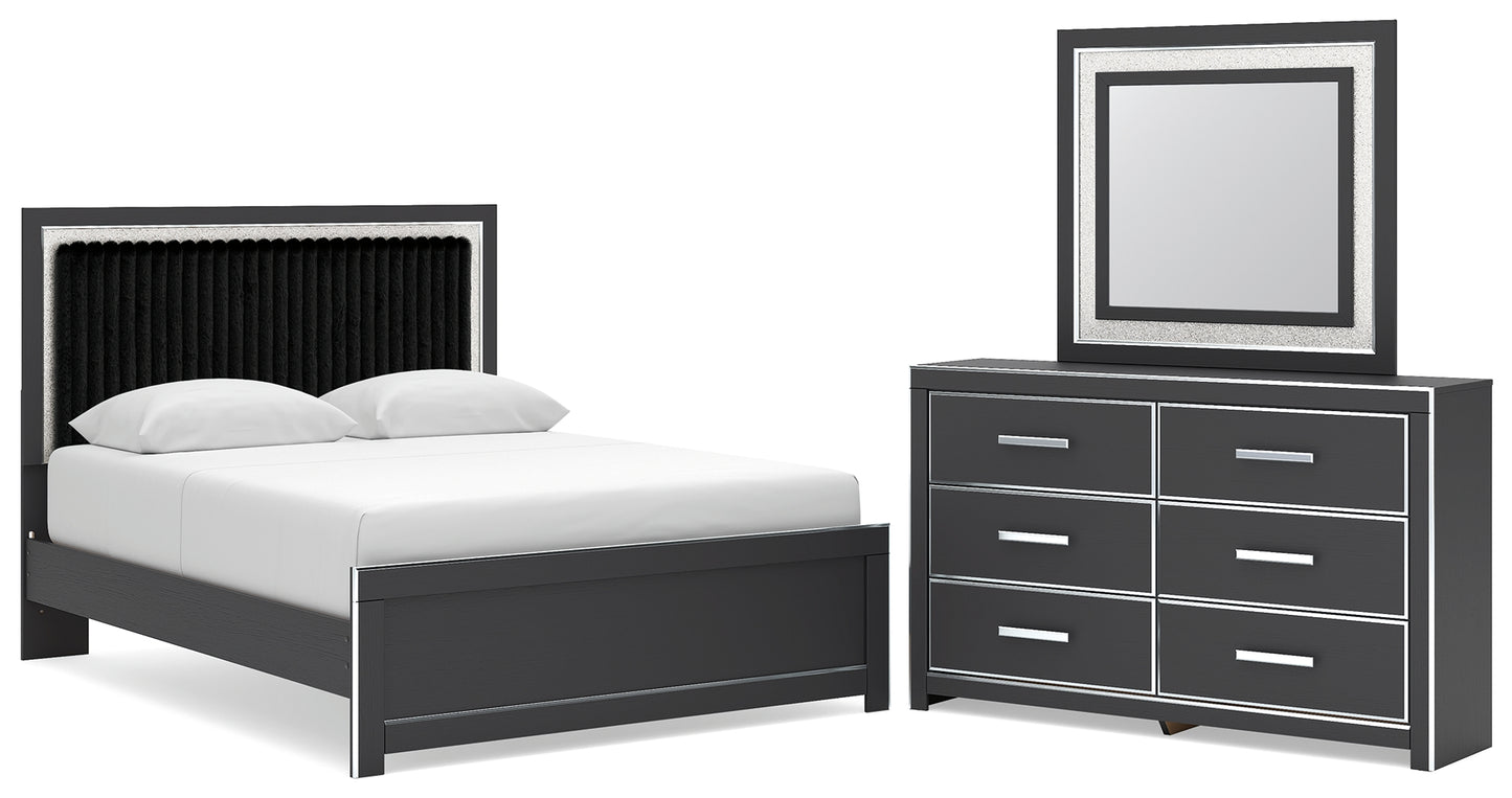 Zuraleus Queen Upholstered Panel Platform Bed, Dresser and Mirror