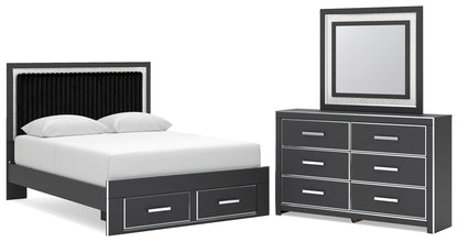 Zuraleus Queen Upholstered Panel Platform Storage Bed, Dresser and Mirror