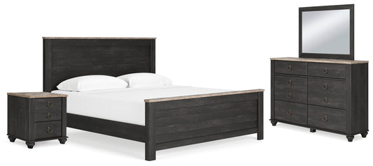 Nanforth King Panel Bed, Dresser, Mirror and Nightstand