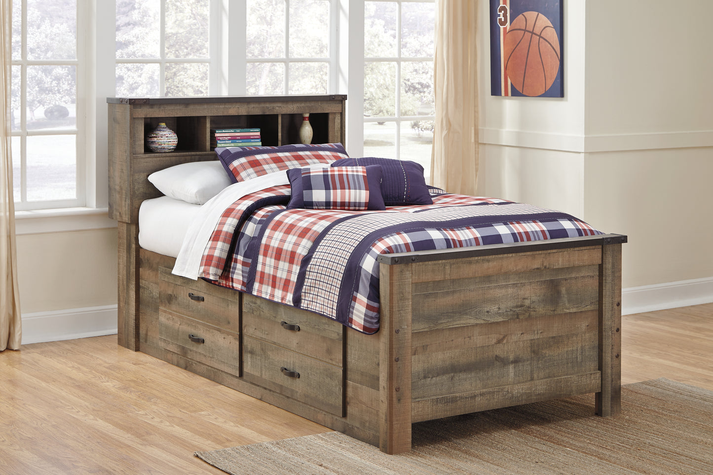 Trinell Twin Bookcase Storage Bed, Dresser, Mirror and Nightstand