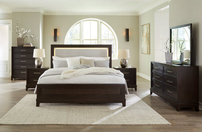 Neymorton California King Upholstered Panel Bed, Dresser and Mirror