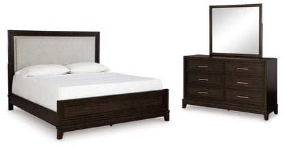 Neymorton California King Upholstered Panel Bed, Dresser and Mirror