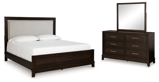 Neymorton King Upholstered Panel Bed, Dresser and Mirror