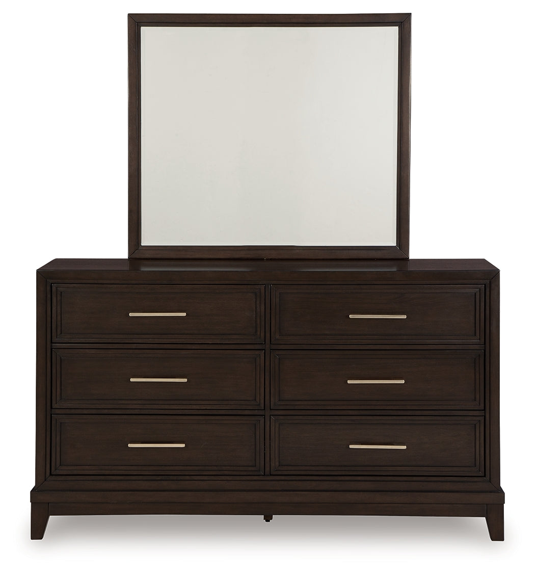 Neymorton King Upholstered Panel Bed, Dresser and Mirror