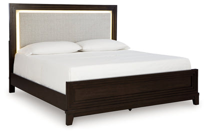 Neymorton California King Upholstered Panel Bed, Dresser and Mirror