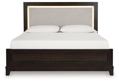 Neymorton California King Upholstered Panel Bed, Dresser and Mirror