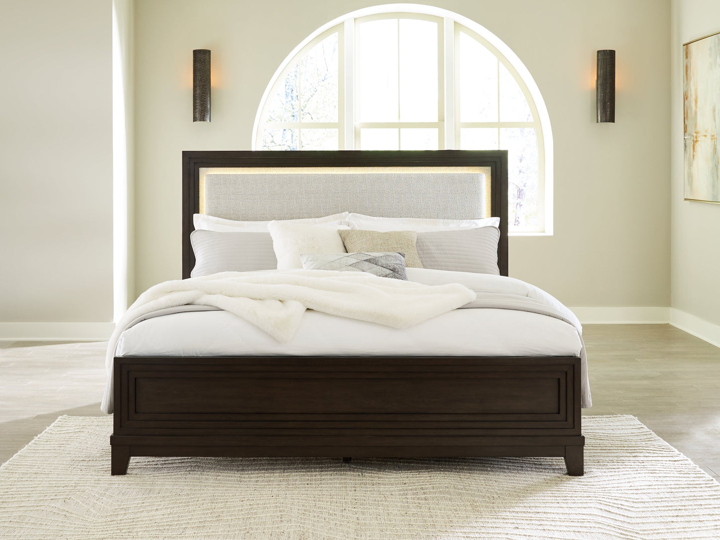 Neymorton California King Upholstered Panel Bed, Dresser and Mirror