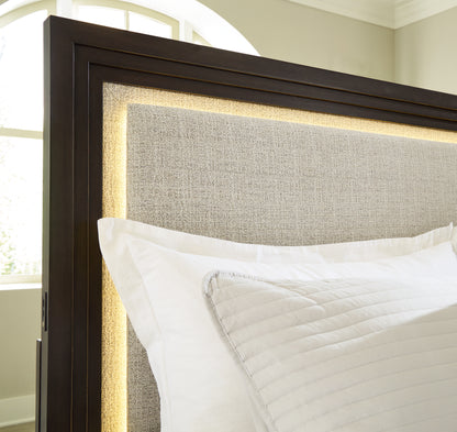 Neymorton Queen Upholstered Panel Headboard, Dresser and Mirror