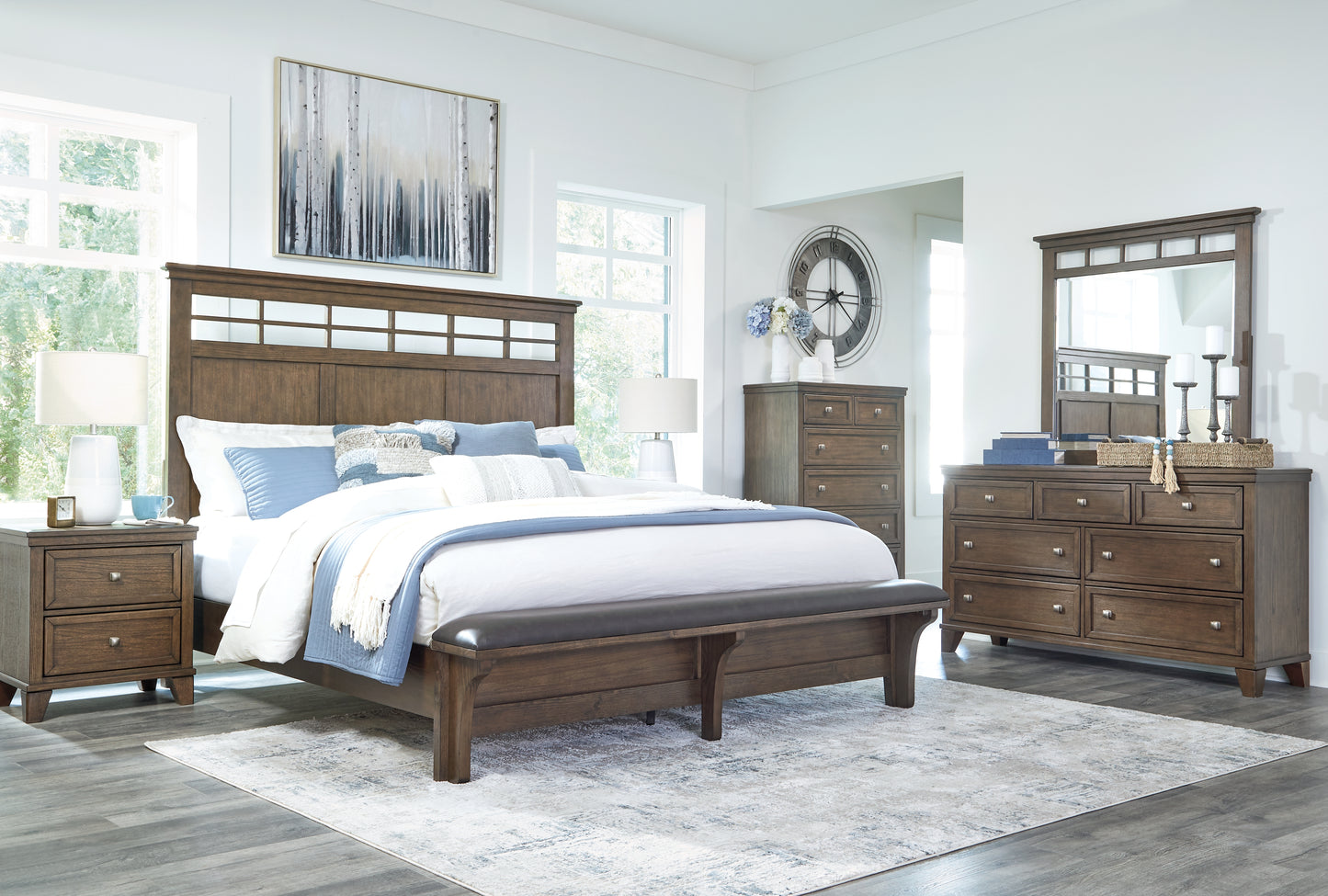 Shawbeck King Panel Bed, Dresser, Mirror and Nightstand