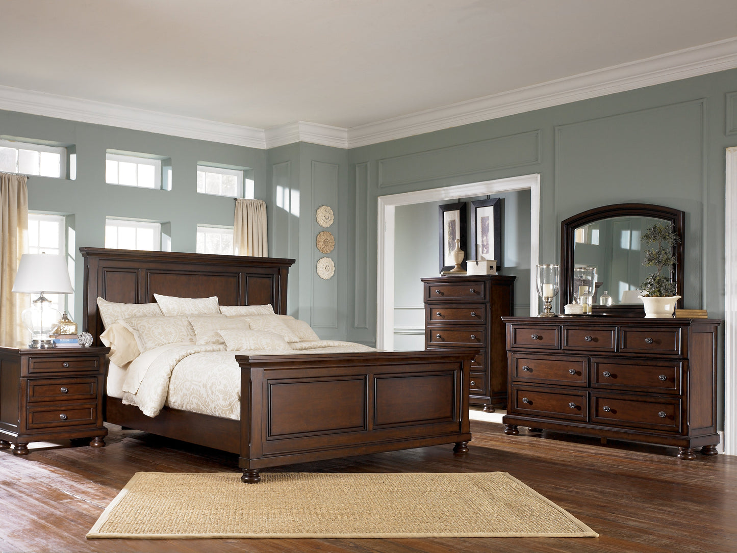 Porter Queen Panel Bed, Dresser, Mirror, Chest and 2 Nightstands