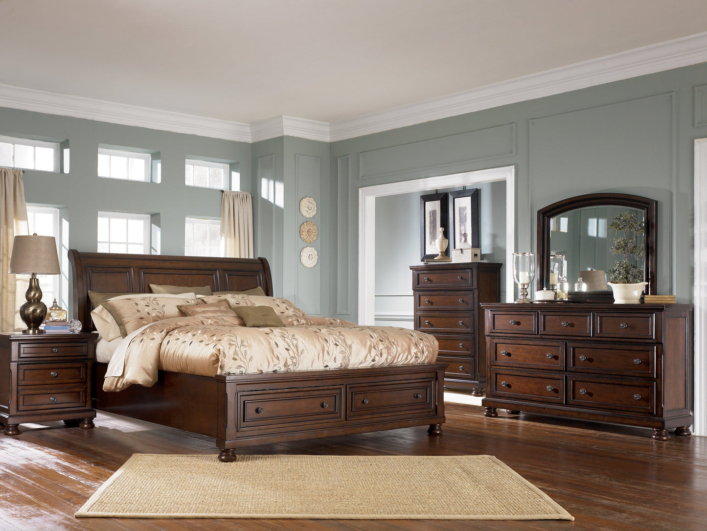 Porter Queen Sleigh Bed, Dresser and Mirror