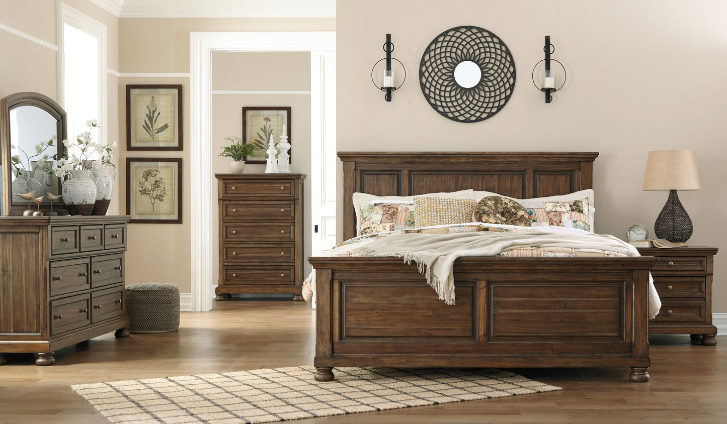 Flynnter King Panel Bed, Dresser, Mirror and 2 Nightstands