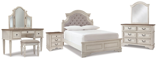 Realyn Full Panel Bed, Dresser, Mirror, 3-Piece Vanity and Nightstand