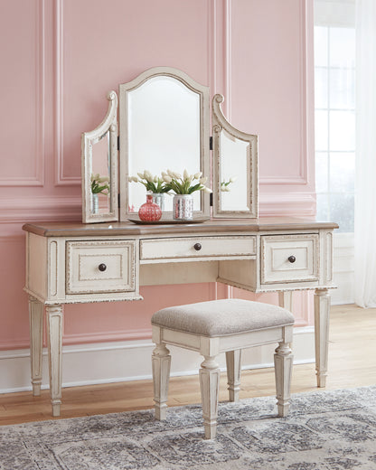 Realyn Full Panel Bed, Dresser, Mirror, 3-Piece Vanity and Nightstand