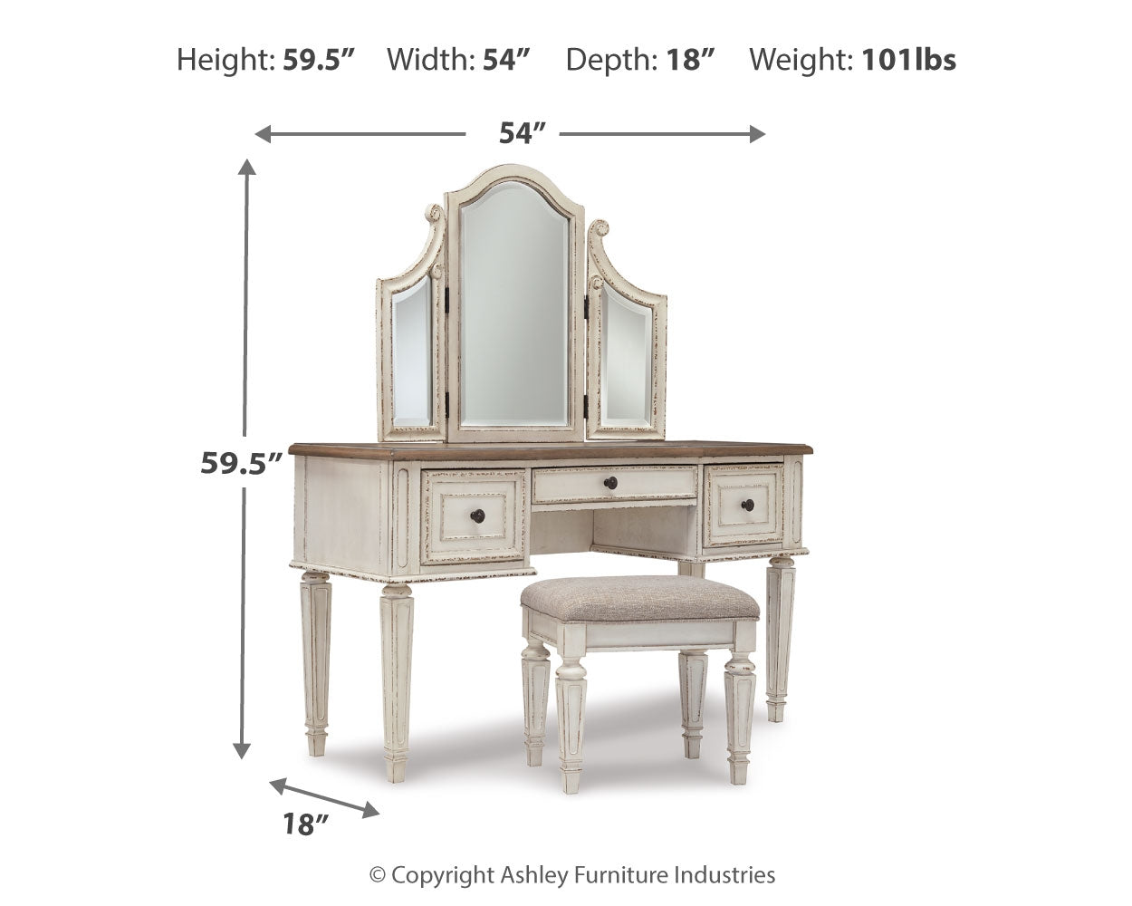 Realyn Full Panel Bed, Dresser, Mirror, 3-Piece Vanity and Nightstand