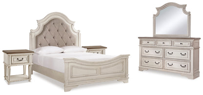 Realyn Queen Upholstered Panel Bed, Dresser, Mirror and 2 Nightstands