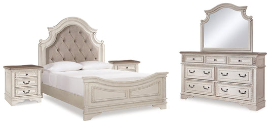 Realyn Queen Upholstered Panel Bed, Dresser, Mirror and 2 Nightstands