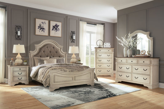 Realyn Queen Upholstered Panel Bed, Dresser, Mirror, Chest and 2 Nightstands