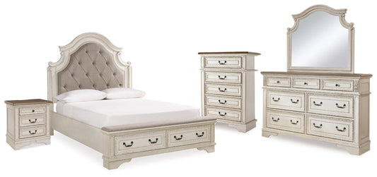 Realyn Queen Panel Bed, Dresser, Mirror, Chest and Nightstand