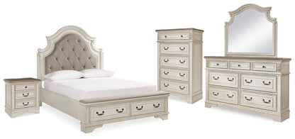 Realyn Queen Upholstered Bed, Dresser, Mirror, Chest and Nightstand