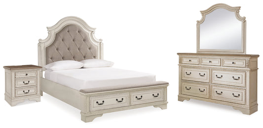 Realyn Queen Upholstery Panel Bed, Dresser, Mirror and Nightstand