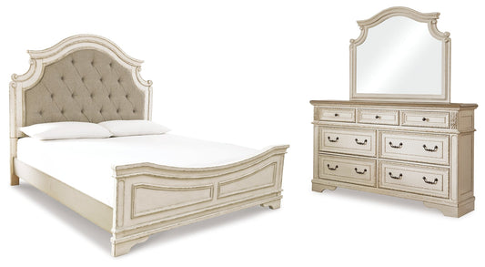 Realyn King Upholstered Panel Bed, Dresser and Mirror