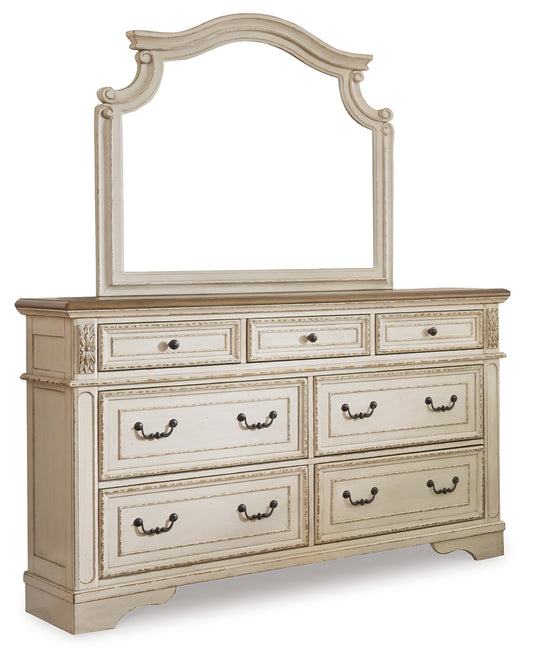 Realyn Queen Upholstered Panel Bed, Dresser and Mirror