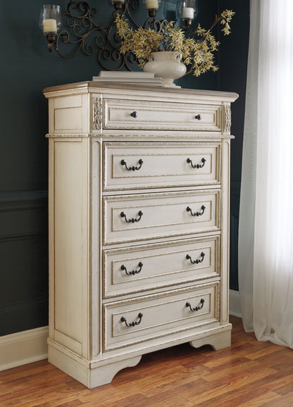Realyn King Panel Bed, Dresser, Mirror, Chest and Nightstand