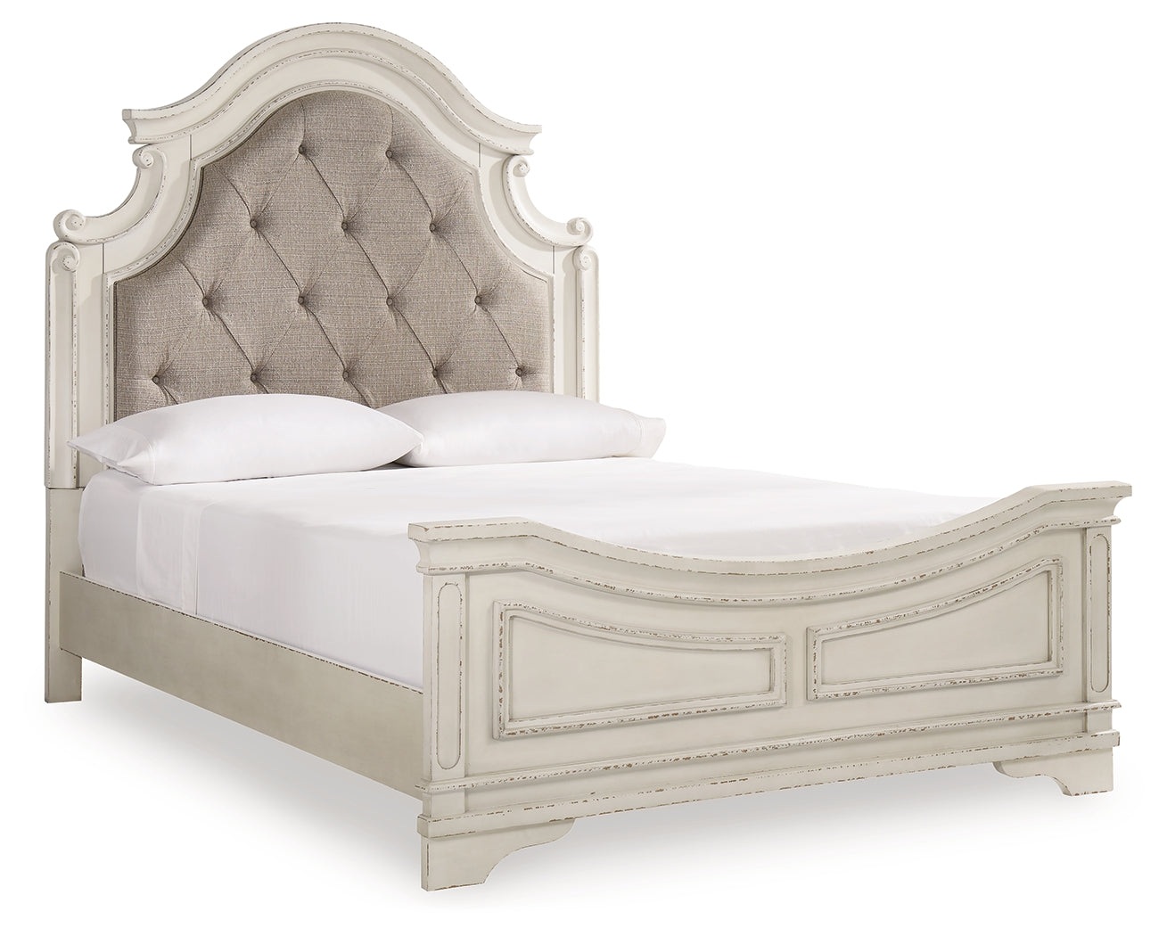 Realyn Queen Upholstered Panel Bed, Dresser, Mirror and 2 Nightstands