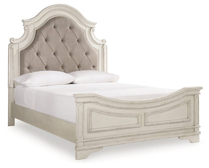 Realyn Queen Upholstered Panel Bed, Dresser, Mirror, Chest and Nightstand