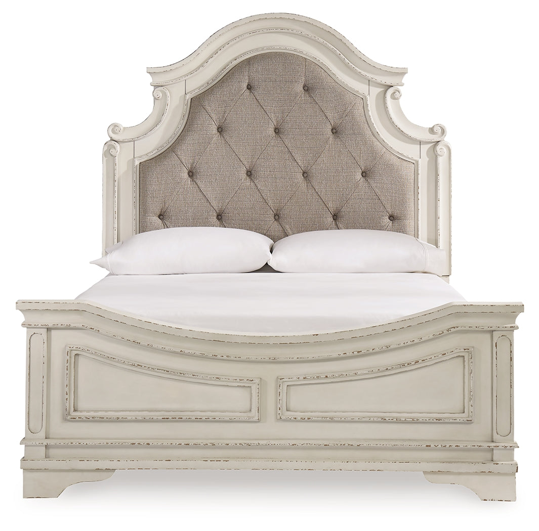 Realyn Queen Upholstered Panel Bed, Dresser, Mirror, Chest and Nightstand