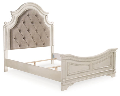 Realyn Queen Upholstered Panel Bed, Dresser and Mirror