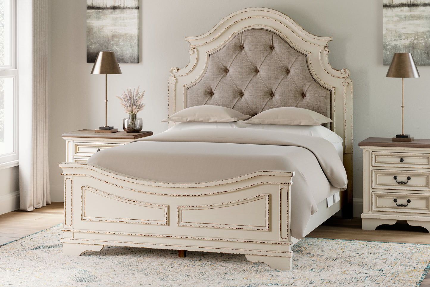 Realyn Queen Upholstered Panel Bed, Dresser and Mirror