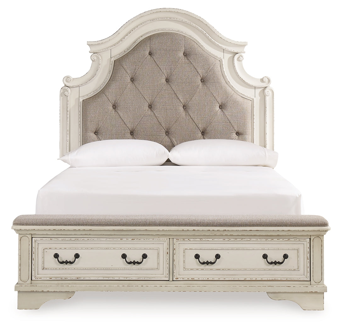 Realyn Queen Upholstered Bed, Dresser, Mirror, Chest and Nightstand