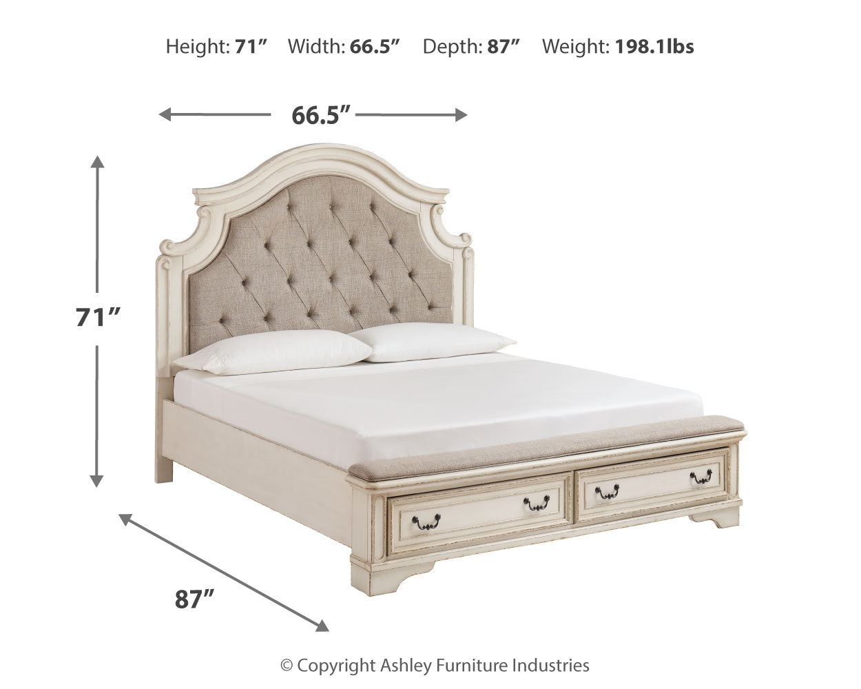 Realyn Queen Upholstered Bed, Dresser, Mirror, Chest and Nightstand