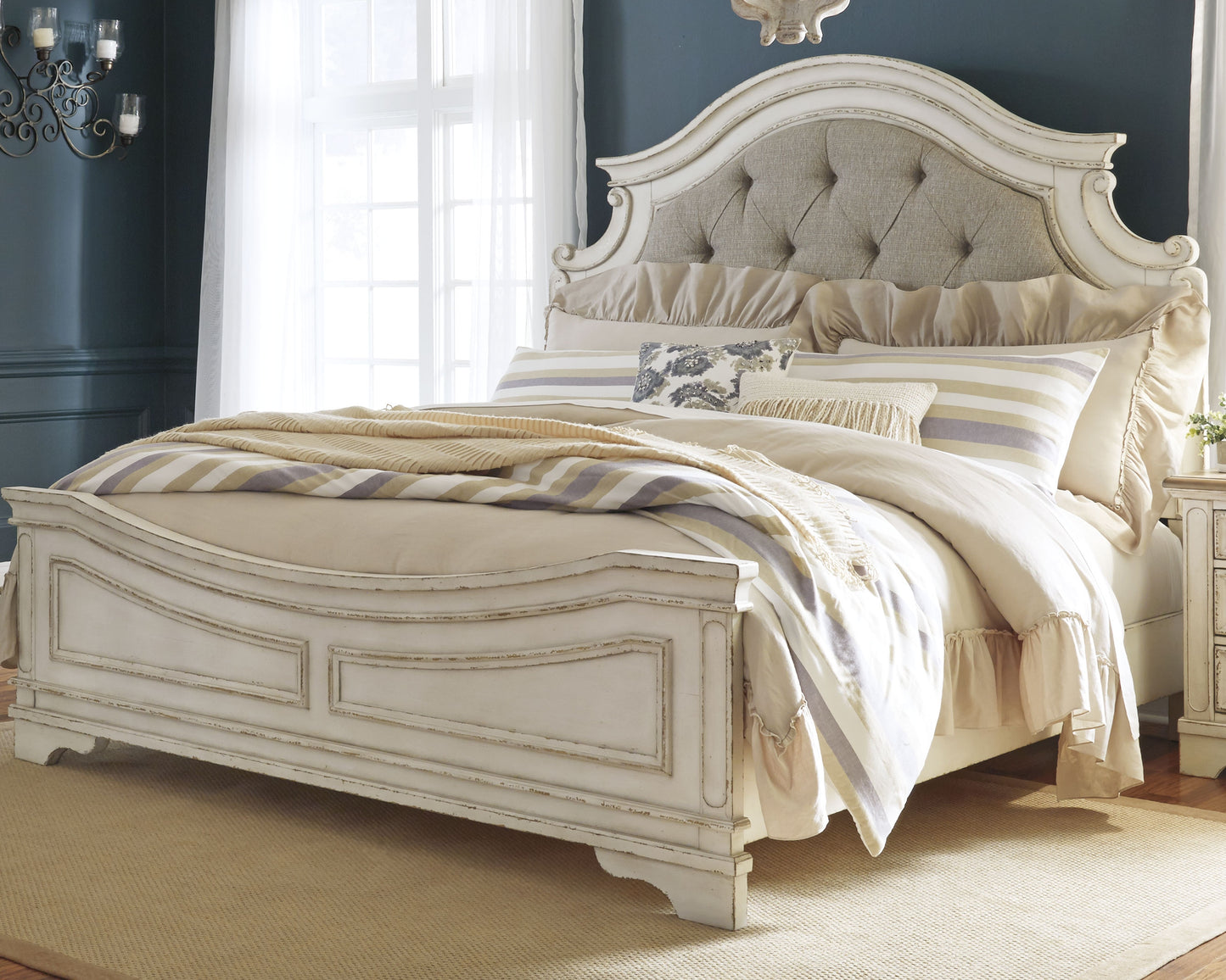 Realyn King Upholstered Panel Bed, Dresser and Mirror