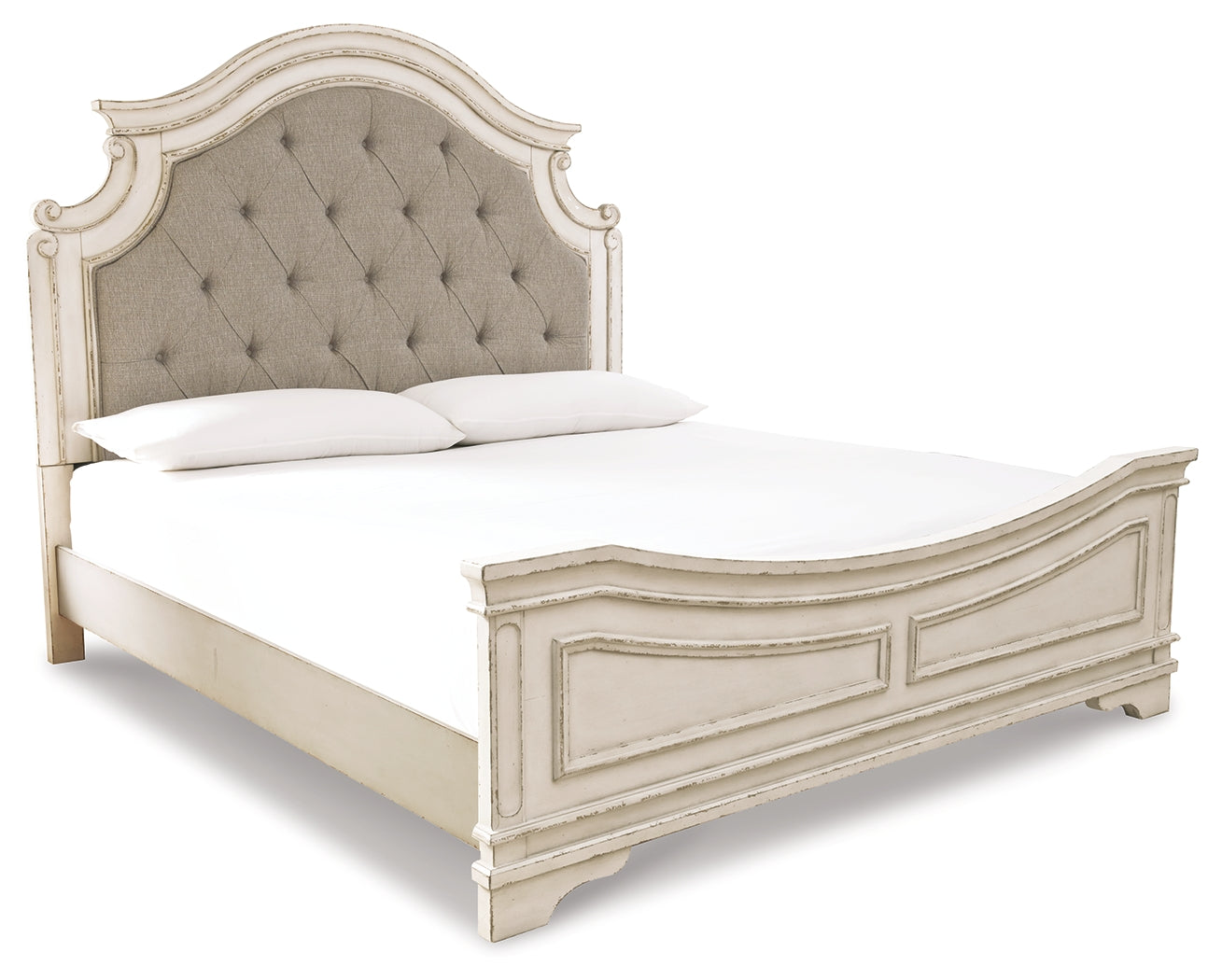 Realyn King Upholstered Panel Bed, Dresser, Chest and Nightstand