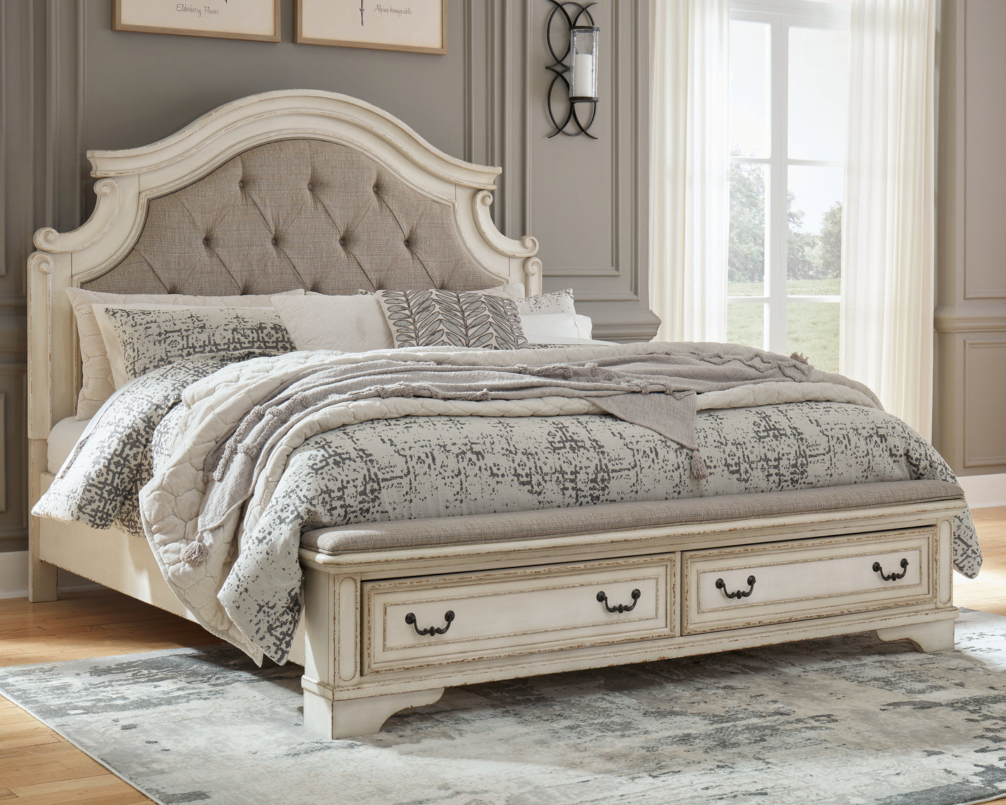 Realyn Queen Upholstery Panel Bed, Dresser, Mirror and Nightstand