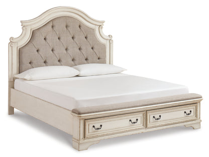 Realyn California King Upholstered Bed, Dresser, Mirror and Chest