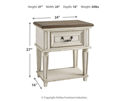 Realyn King Upholstered Panel Bed, Dresser, Chest and Nightstand