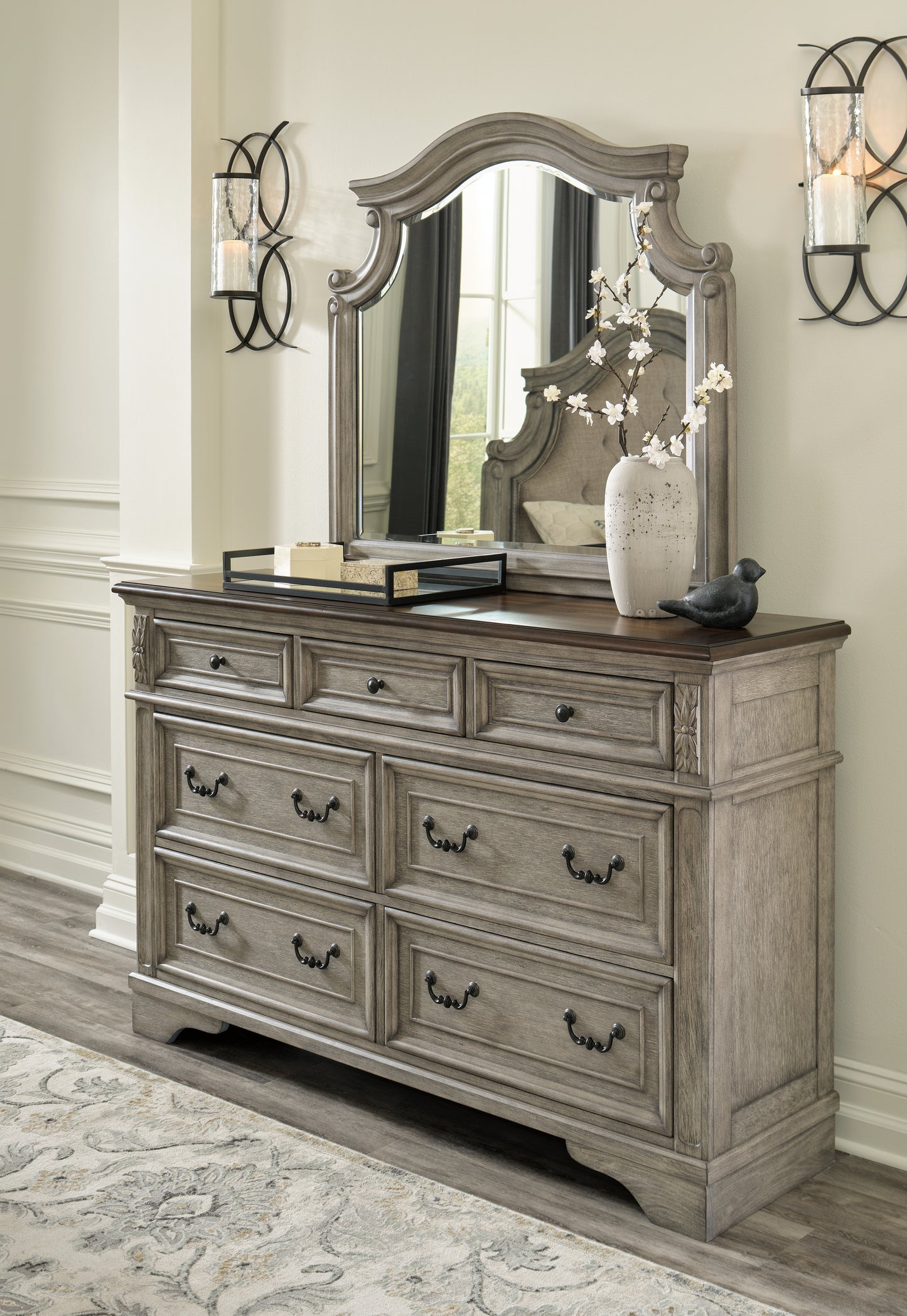 Lodenbay King Upholstered Panel Bed, Dresser, Mirror, Chest and Nightstand