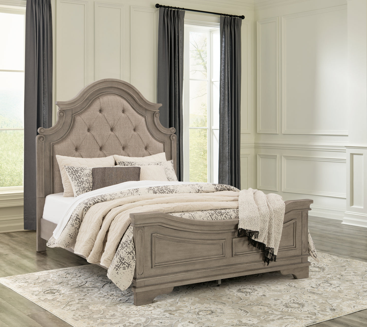 Lodenbay King Upholstered Panel Bed, Dresser, Mirror, Chest and Nightstand