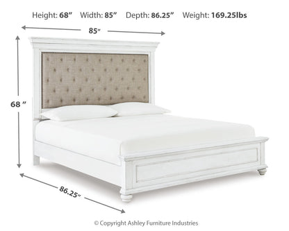 Kanwyn Cal King Upholstered Panel Bed, Dresser, Mirror and Chest