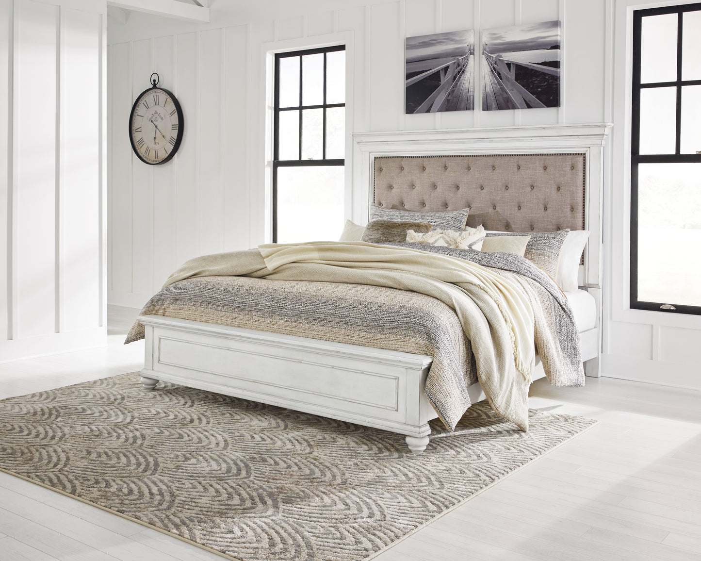 Kanwyn Queen Upholstered Panel Bed, Dresser, and Nightstand