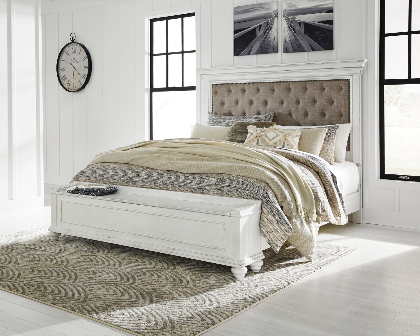 Kanwyn King Upholstered Storage Bed, Dresser, Mirror and Nightstand